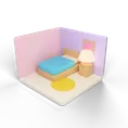 A clay bedroom: a bed, a nightstand and a lamp